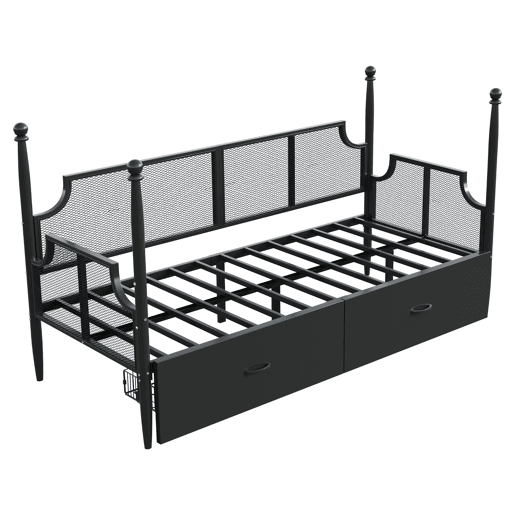 Sofá-cama 90x200 - Encosto em malha e braços estilo vintage, suporte alto em colunas, estrutura metálica com prateleiras - Preto