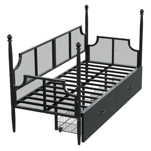 Sofá-cama 90x200 - Encosto em malha e braços estilo vintage, suporte alto em colunas, estrutura metálica com prateleiras - Preto