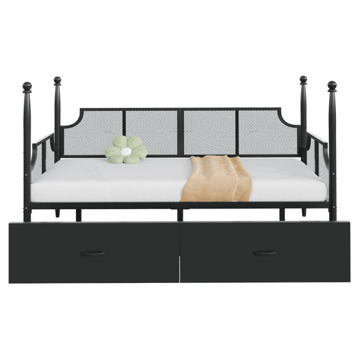 Sofá-cama 90x200 - Encosto em malha e braços estilo vintage, suporte alto em colunas, estrutura metálica com prateleiras - Preto