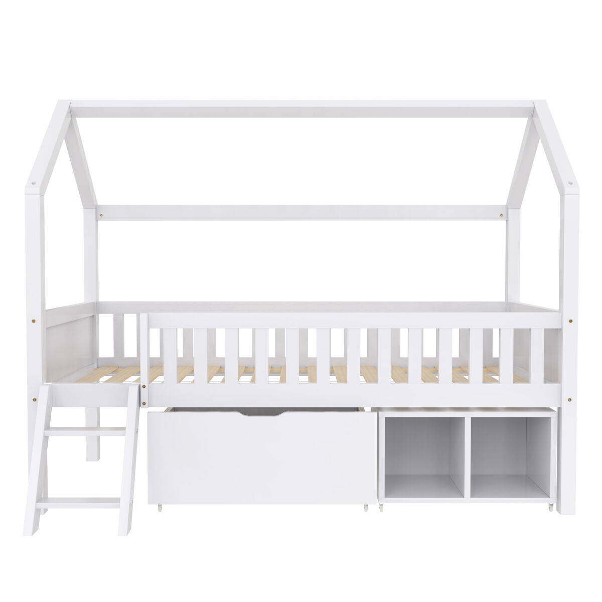Cama infantil juvenil 200x90 con cajones y estantes con barandilla anticaída - blanco