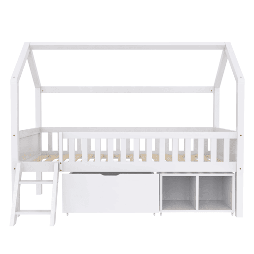 Cama infantil juvenil 200x90 com gavetas e prateleiras com grade de proteção contra quedas - Branco