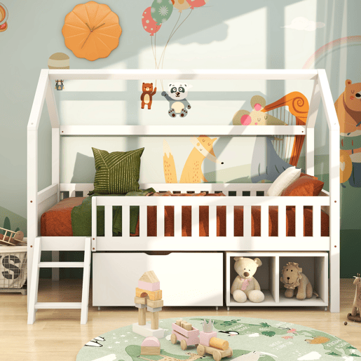 Cama infantil juvenil 200x90 com gavetas e prateleiras com grade de proteção contra quedas - Branco