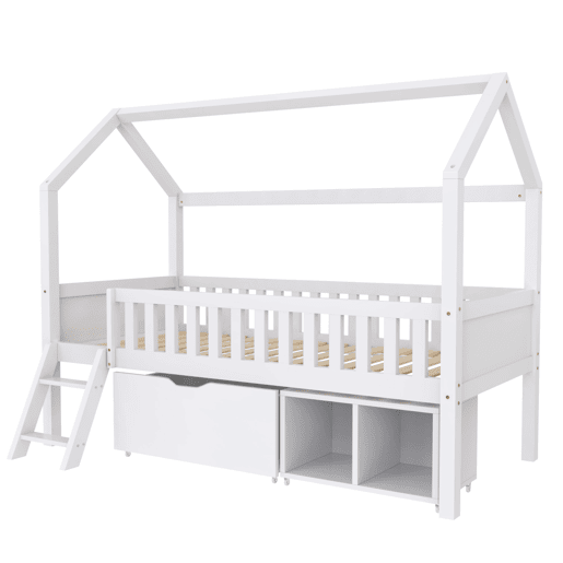 Cama infantil juvenil 200x90 com gavetas e prateleiras com grade de proteção contra quedas - Branco