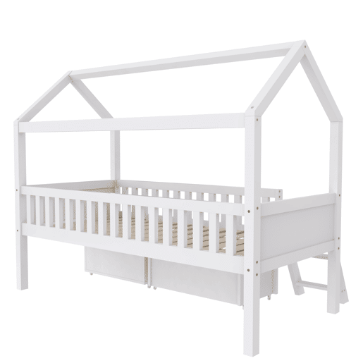 Cama infantil juvenil 200x90 com gavetas e prateleiras com grade de proteção contra quedas - Branco