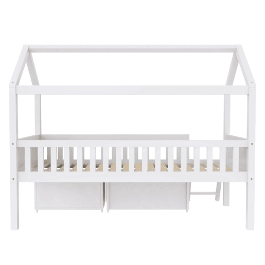 Cama infantil juvenil 200x90 com gavetas e prateleiras com grade de proteção contra quedas - Branco
