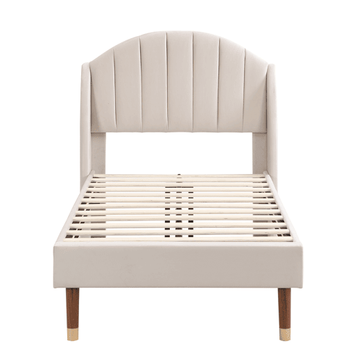 Cama estofada 90x200 cm - Com base de ripas e cabeceira, cama juvenil, fácil montagem, veludo, bege