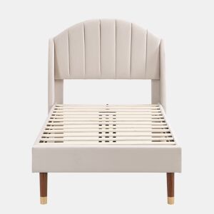 Cama estofada 90x200 cm - Com base de ripas e cabeceira, cama juvenil, fácil montagem, veludo, bege