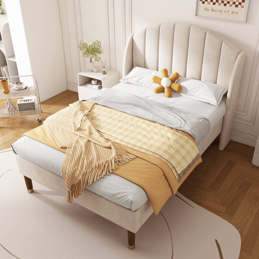 Cama estofada 90x200 cm - Com base de ripas e cabeceira, cama juvenil, fácil montagem, veludo, bege