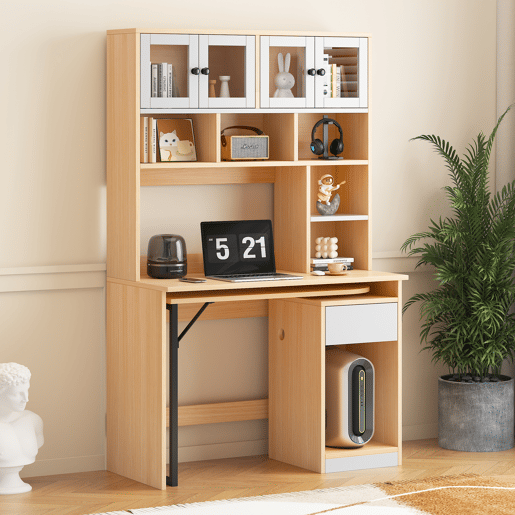 Secretária para computador 180 cm - Mesa de trabalho com prateleira e armário - Branco Natural
