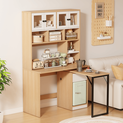 Secretária para computador 180 cm - Mesa de trabalho com prateleira e armário - Branco Natural