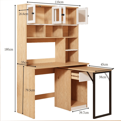 Secretária para computador 180 cm - Mesa de trabalho com prateleira e armário - Branco Natural