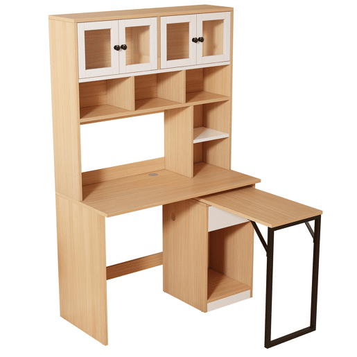 Secretária para computador 180 cm - Mesa de trabalho com prateleira e armário - Branco Natural