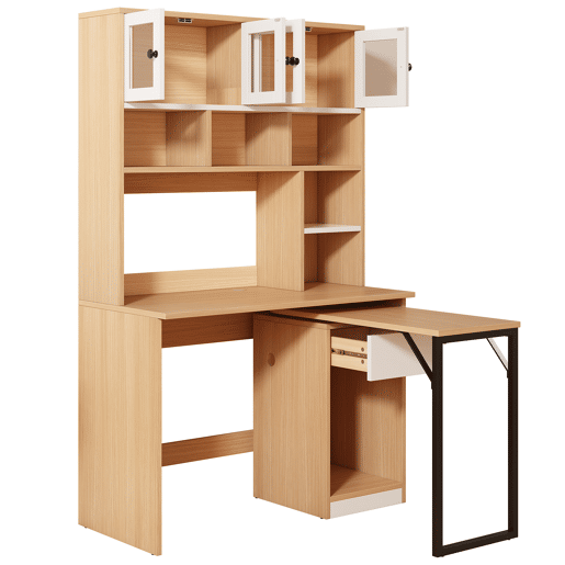 Secretária para computador 180 cm - Mesa de trabalho com prateleira e armário - Branco Natural
