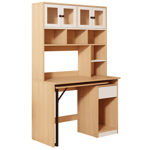 Secretária para computador 180 cm - Mesa de trabalho com prateleira e armário - Branco Natural
