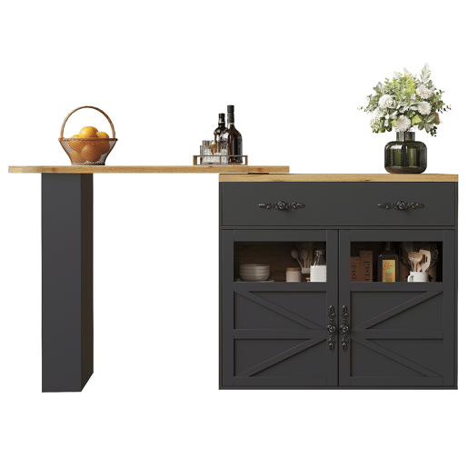 Mesa de bar extensível 138-204×39×104 cm - giratória em 360°, mesa de bar moderna e móvel, ilha de cozinha com prateleiras - Preto Mesa de bar extensível 138-204×39×104 cm - giratória em 360°, mesa de bar moderna e móvel, ilha de cozinha com prateleiras - Preto
