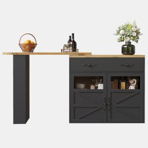 Mesa de bar extensível 138-204×39×104 cm - giratória em 360°, mesa de bar moderna e móvel, ilha de cozinha com prateleiras - Preto
