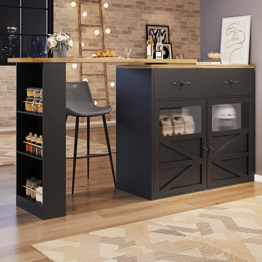 Mesa de bar extensível 138-204×39×104 cm - giratória em 360°, mesa de bar moderna e móvel, ilha de cozinha com prateleiras - Preto Mesa de bar extensível 138-204×39×104 cm - giratória em 360°, mesa de bar moderna e móvel, ilha de cozinha com prateleiras - Preto