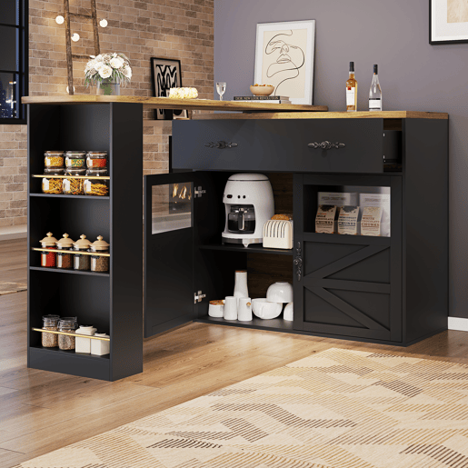 Mesa de bar extensível 138-204×39×104 cm - giratória em 360°, mesa de bar moderna e móvel, ilha de cozinha com prateleiras - Preto Mesa de bar extensível 138-204×39×104 cm - giratória em 360°, mesa de bar moderna e móvel, ilha de cozinha com prateleiras - Preto
