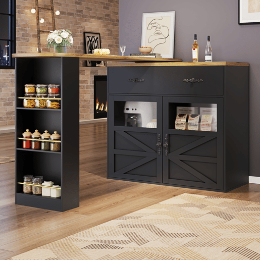 Mesa de bar extensível 138-204×39×104 cm - giratória em 360°, mesa de bar moderna e móvel, ilha de cozinha com prateleiras - Preto Mesa de bar extensível 138-204×39×104 cm - giratória em 360°, mesa de bar moderna e móvel, ilha de cozinha com prateleiras - Preto