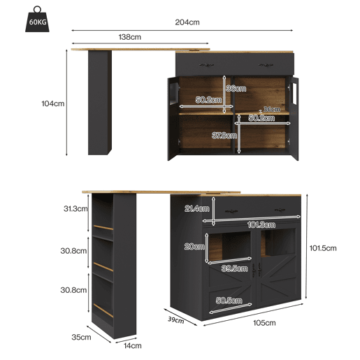 Mesa de bar extensível 138-204×39×104 cm - giratória em 360°, mesa de bar moderna e móvel, ilha de cozinha com prateleiras - Preto Mesa de bar extensível 138-204×39×104 cm - giratória em 360°, mesa de bar moderna e móvel, ilha de cozinha com prateleiras - Preto