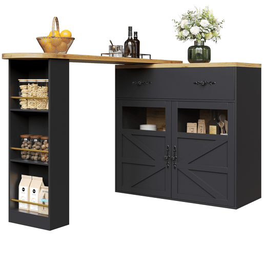 Mesa de bar extensível 138-204×39×104 cm - giratória em 360°, mesa de bar moderna e móvel, ilha de cozinha com prateleiras - Preto Mesa de bar extensível 138-204×39×104 cm - giratória em 360°, mesa de bar moderna e móvel, ilha de cozinha com prateleiras - Preto