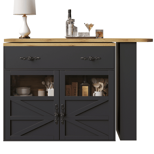 Mesa de bar extensível 138-204×39×104 cm - giratória em 360°, mesa de bar moderna e móvel, ilha de cozinha com prateleiras - Preto Mesa de bar extensível 138-204×39×104 cm - giratória em 360°, mesa de bar moderna e móvel, ilha de cozinha com prateleiras - Preto
