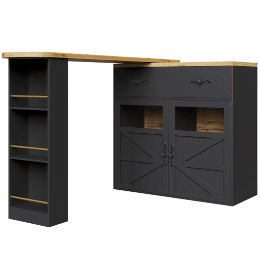 Mesa de bar extensível 138-204×39×104 cm - giratória em 360°, mesa de bar moderna e móvel, ilha de cozinha com prateleiras - Preto Mesa de bar extensível 138-204×39×104 cm - giratória em 360°, mesa de bar moderna e móvel, ilha de cozinha com prateleiras - Preto