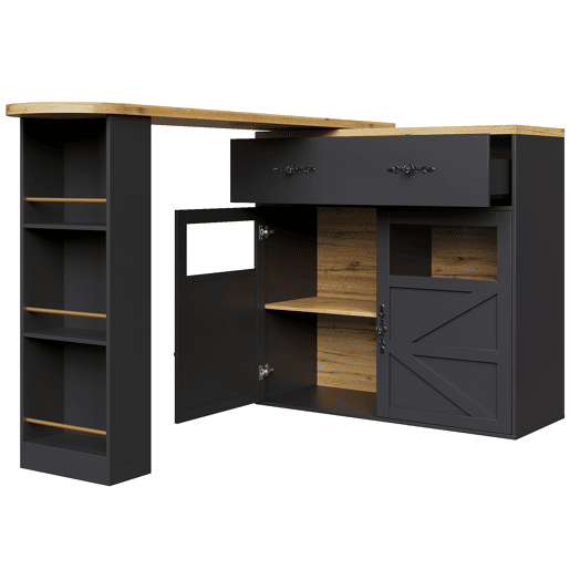 Mesa de bar extensível 138-204×39×104 cm - giratória em 360°, mesa de bar moderna e móvel, ilha de cozinha com prateleiras - Preto Mesa de bar extensível 138-204×39×104 cm - giratória em 360°, mesa de bar moderna e móvel, ilha de cozinha com prateleiras - Preto