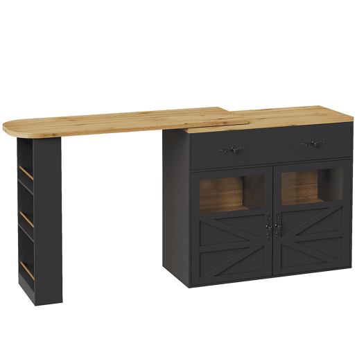 Mesa de bar extensível 138-204×39×104 cm - giratória em 360°, mesa de bar moderna e móvel, ilha de cozinha com prateleiras - Preto Mesa de bar extensível 138-204×39×104 cm - giratória em 360°, mesa de bar moderna e móvel, ilha de cozinha com prateleiras - Preto
