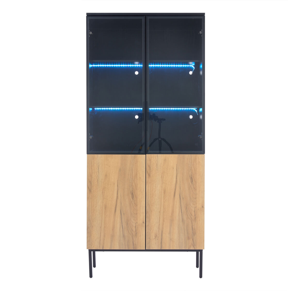 Vitrina con puertas de vidrio 180 cm - estantería de 5 niveles con luces led, para coleccionables, oficina - negro/roble