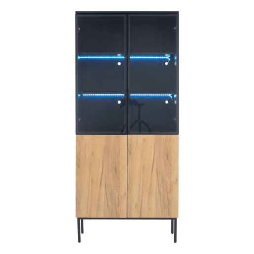 Vitrine com portas de vidro 180 cm - Estante de 5 níveis com luzes LED, para colecionáveis, escritório - PretoCarvalho Vitrine com portas de vidro 180 cm - Estante de 5 níveis com luzes LED, para colecionáveis, escritório - PretoCarvalho