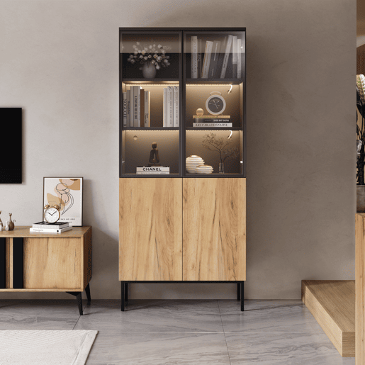 Vitrine com portas de vidro 180 cm - Estante de 5 níveis com luzes LED, para colecionáveis, escritório - PretoCarvalho Vitrine com portas de vidro 180 cm - Estante de 5 níveis com luzes LED, para colecionáveis, escritório - PretoCarvalho