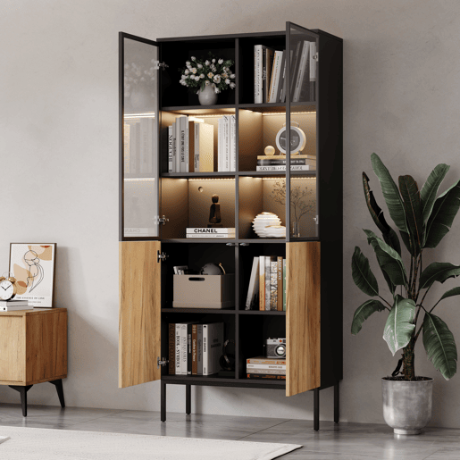 Vitrine com portas de vidro 180 cm - Estante de 5 níveis com luzes LED, para colecionáveis, escritório - PretoCarvalho Vitrine com portas de vidro 180 cm - Estante de 5 níveis com luzes LED, para colecionáveis, escritório - PretoCarvalho