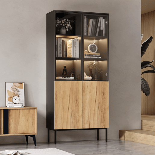 Vitrine com portas de vidro 180 cm - Estante de 5 níveis com luzes LED, para colecionáveis, escritório - PretoCarvalho Vitrine com portas de vidro 180 cm - Estante de 5 níveis com luzes LED, para colecionáveis, escritório - PretoCarvalho