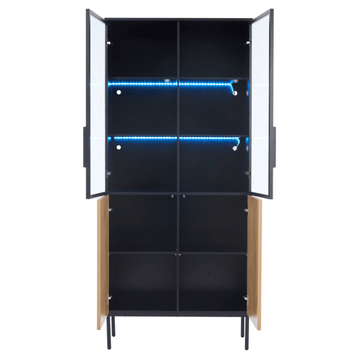 Vitrine com portas de vidro 180 cm - Estante de 5 níveis com luzes LED, para colecionáveis, escritório - PretoCarvalho Vitrine com portas de vidro 180 cm - Estante de 5 níveis com luzes LED, para colecionáveis, escritório - PretoCarvalho