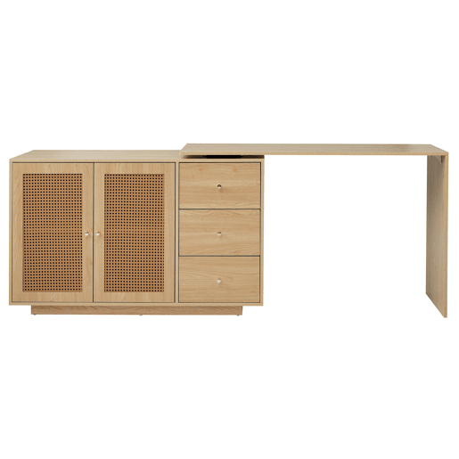 Secretária em forma de L 126 cm - Mesa de computador com portas de rattan - Madeira natural