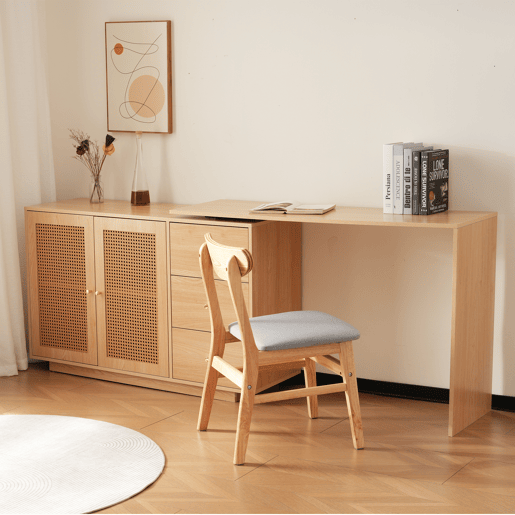 Secretária em forma de L 126 cm - Mesa de computador com portas de rattan - Madeira natural