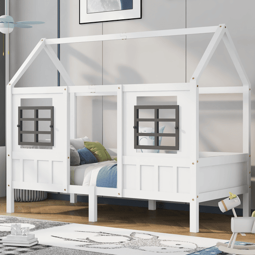 Cama casa, 200x90 cm - Cama infantil com 2 janelas, estrutura em pinho e MDF - Branco
