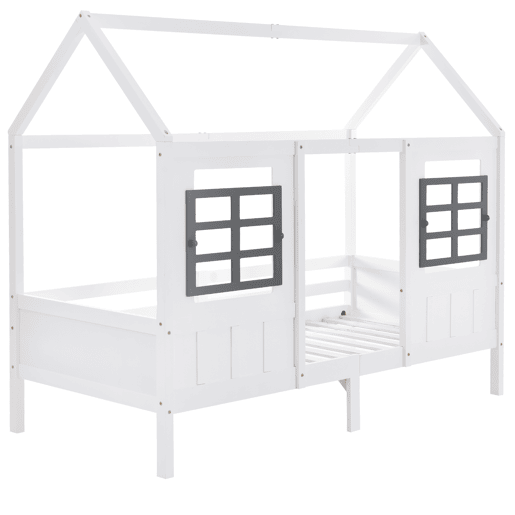 Cama casa, 200x90 cm - Cama infantil com 2 janelas, estrutura em pinho e MDF - Branco