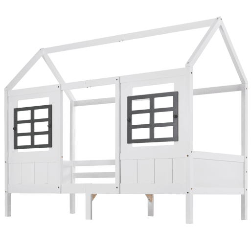 Cama casa, 200x90 cm - Cama infantil com 2 janelas, estrutura em pinho e MDF - Branco