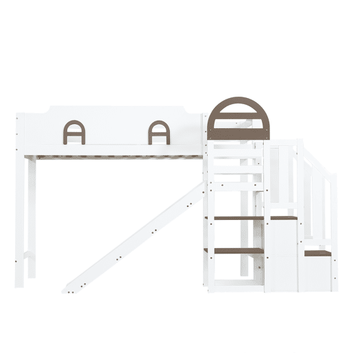 Beliche 90x200cm - Com janela, escorregador, escada com corrimão, 2 gavetas na escada, design versátil, grande capacidade de armazenamento - Branco+Madeira