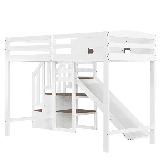 Beliche 90x200cm - Com janela, escorregador, escada com corrimão, 2 gavetas na escada, design versátil, grande capacidade de armazenamento - Branco+Madeira