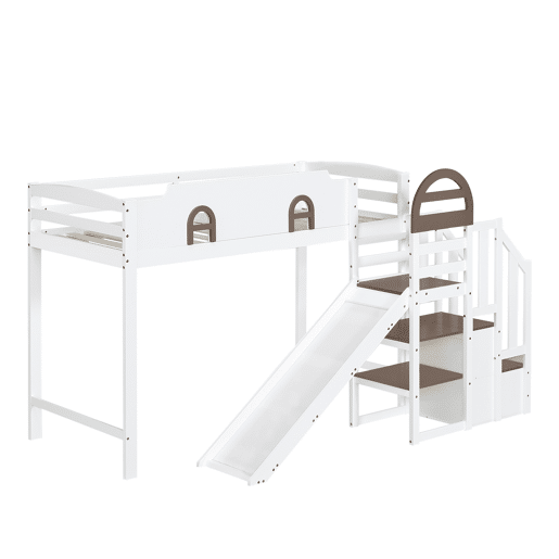 Beliche 90x200cm - Com janela, escorregador, escada com corrimão, 2 gavetas na escada, design versátil, grande capacidade de armazenamento - Branco+Madeira