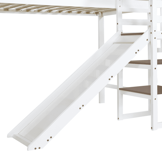 Beliche 90x200cm - Com janela, escorregador, escada com corrimão, 2 gavetas na escada, design versátil, grande capacidade de armazenamento - Branco+Madeira