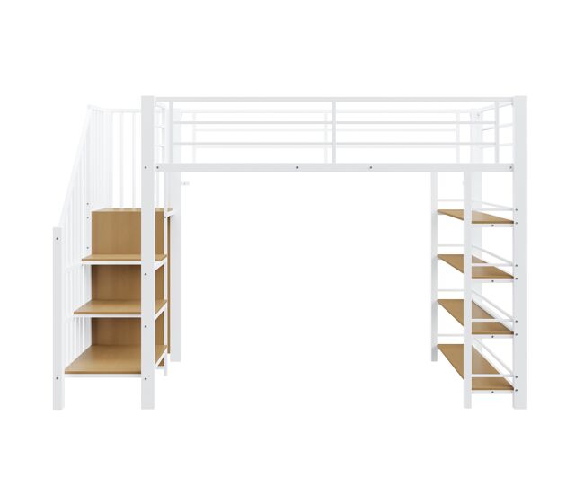 Cama alta 90*200 cm - con escalera de seguridad, almacenamiento, pequeño armario, estantes, diseño de cerca alta - blanco