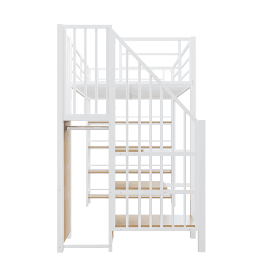 Cama alta 90*200 cm - Com escada de segurança, arrumação, pequeno armário, prateleiras, design com cerca alta - Branco Cama alta 90*200 cm - Com escada de segurança, arrumação, pequeno armário, prateleiras, design com cerca alta - Branco