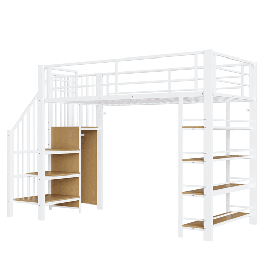 Cama alta 90*200 cm - Com escada de segurança, arrumação, pequeno armário, prateleiras, design com cerca alta - Branco Cama alta 90*200 cm - Com escada de segurança, arrumação, pequeno armário, prateleiras, design com cerca alta - Branco
