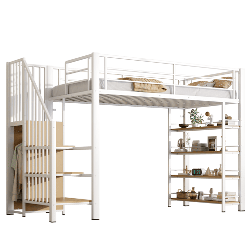 Cama alta 90*200 cm - Com escada de segurança, arrumação, pequeno armário, prateleiras, design com cerca alta - Branco Cama alta 90*200 cm - Com escada de segurança, arrumação, pequeno armário, prateleiras, design com cerca alta - Branco