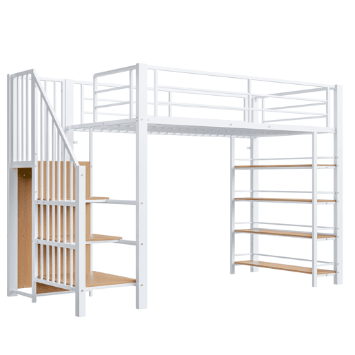 Cama alta 90*200 cm - Com escada de segurança, arrumação, pequeno armário, prateleiras, design com cerca alta - Branco Cama alta 90*200 cm - Com escada de segurança, arrumação, pequeno armário, prateleiras, design com cerca alta - Branco