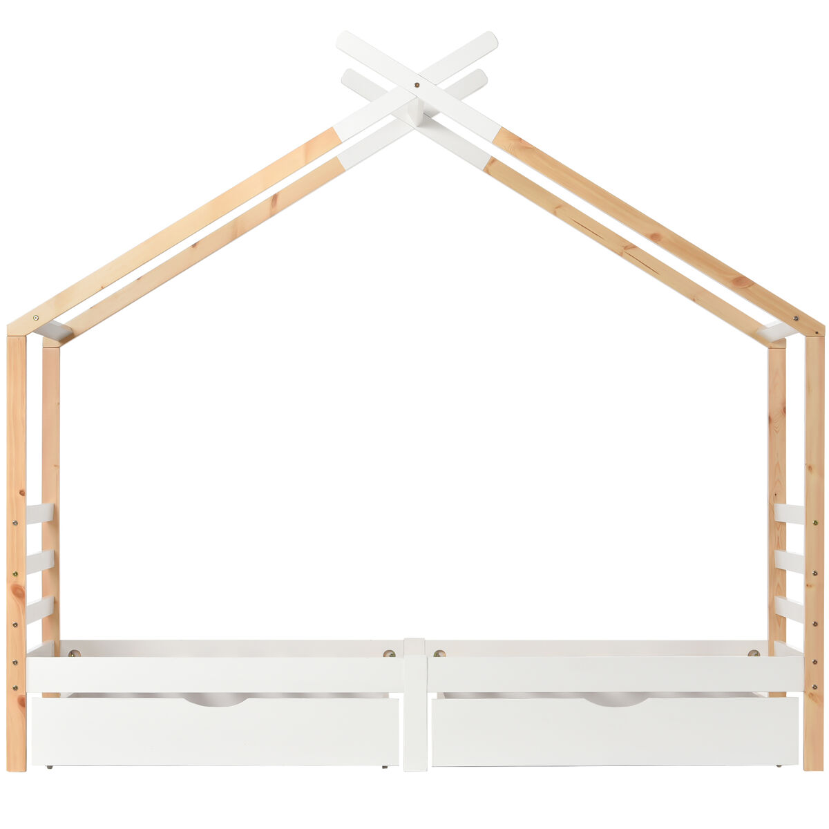 Cama infantil 90x200 cm - casa con cajones, madera maciza con somier, pino - blanco + color madera
